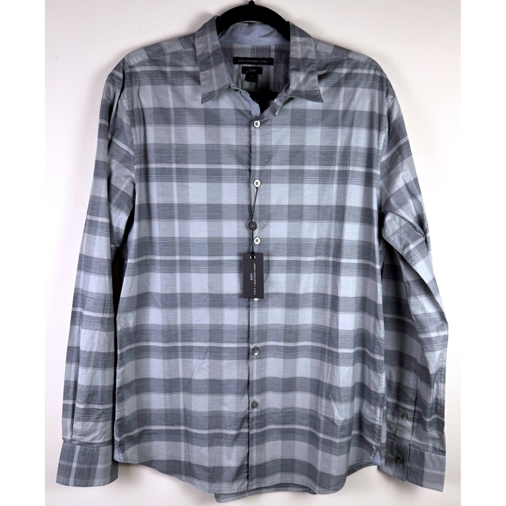 John Varvatos USA Luxe Mens Grey Plaid Long Sleeve Button Down Shirt M, NWT